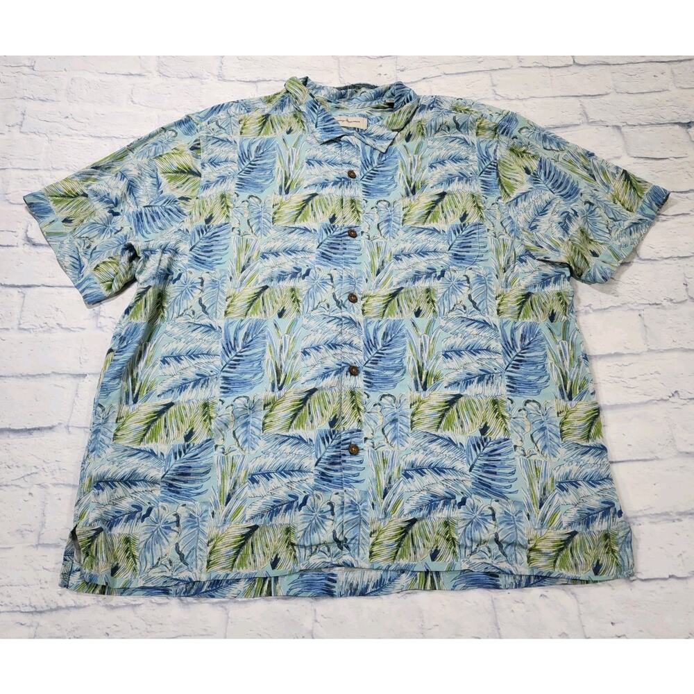 Tommy Bahama MENS XXL Hawaiian Silk Rayon Button Shirt Blue Green Floral Camp